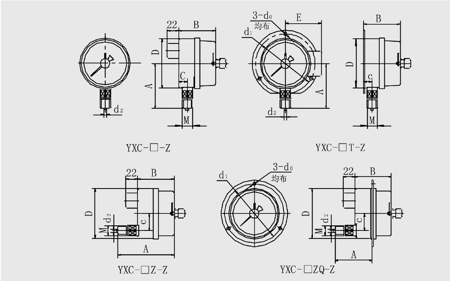 YXC-60-ZⅡ轴向无边耐震电接点压力表外形尺寸